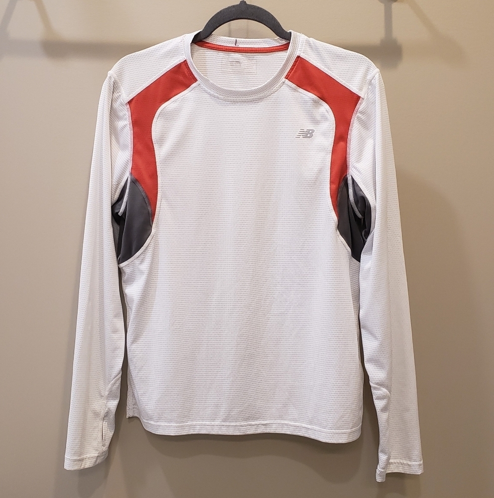 New Balance Activewear Shirt Long Sleeve Crewneck Small White Gray & Red